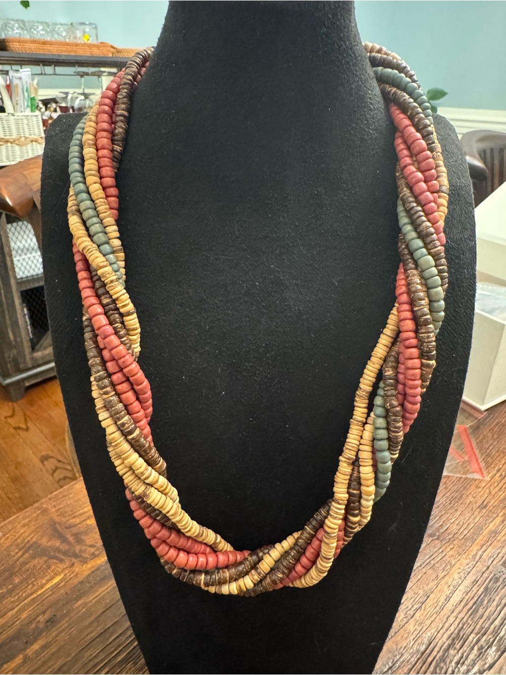 Multi Strand Wood Coconut Bead Necklace Boho Tribal Statement Earth Tone Chunky